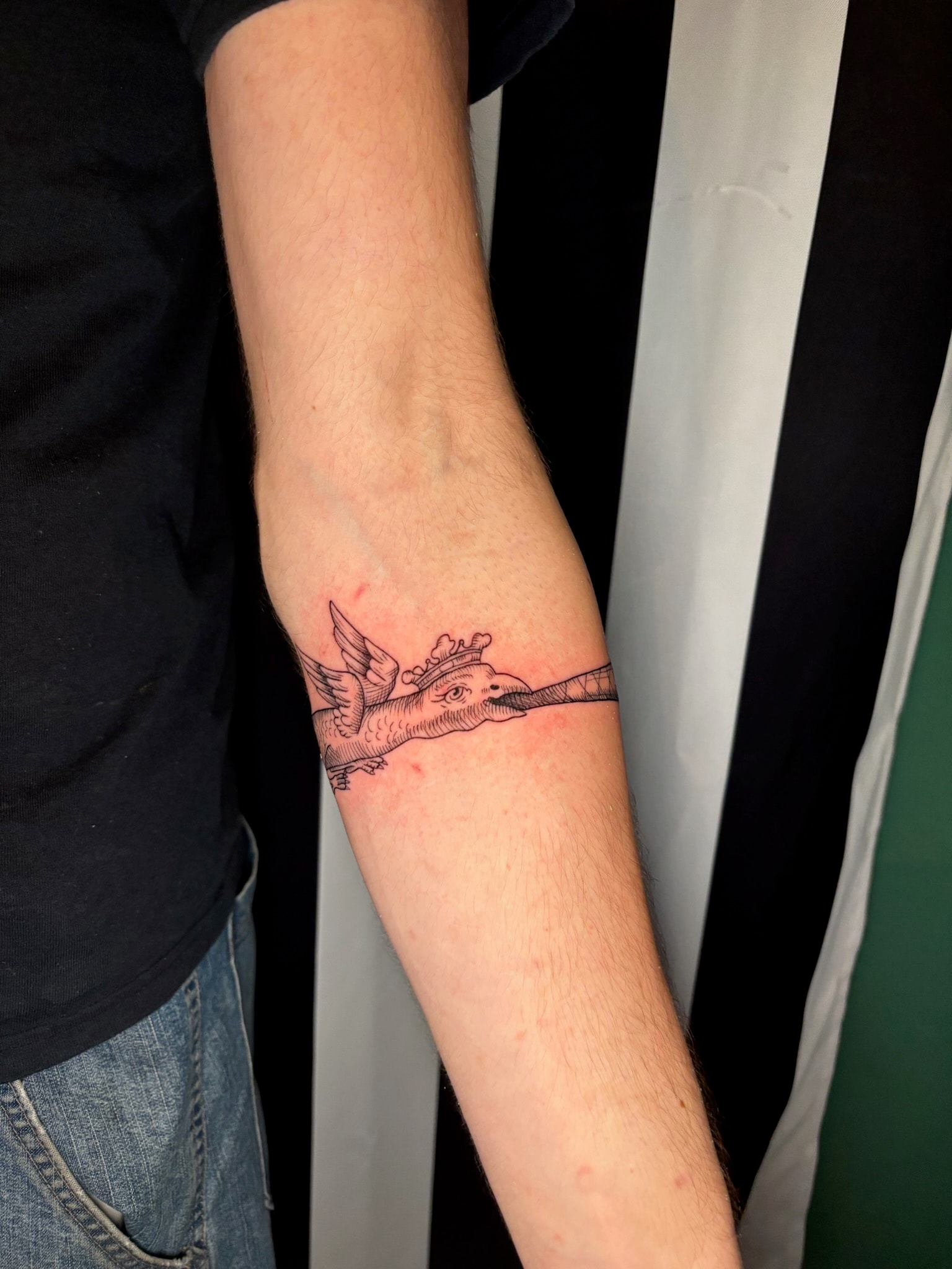 Winged fish tattoo on forearm as a band, black and grey