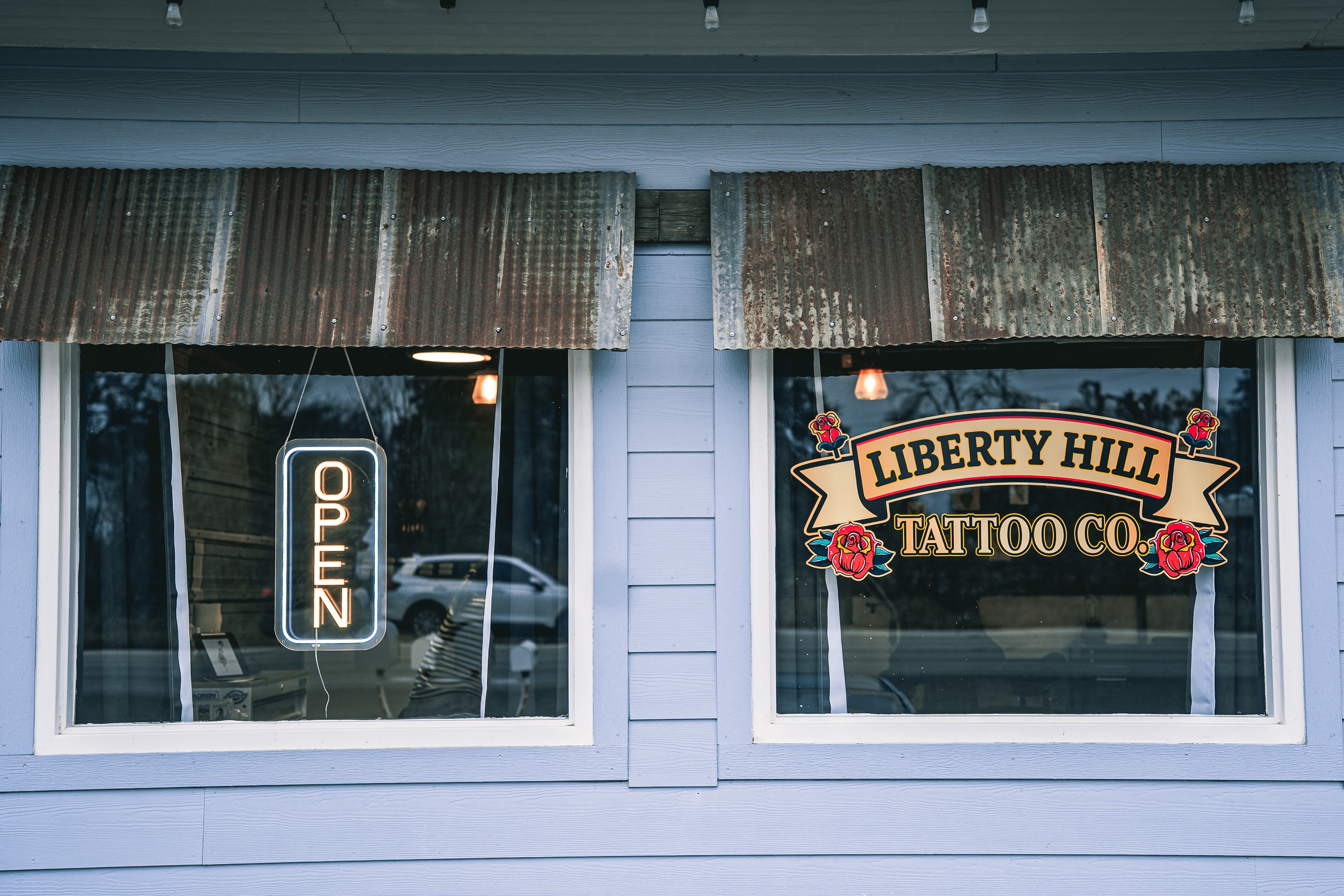 Liberty Hill Tattoo Company storefront with open sign